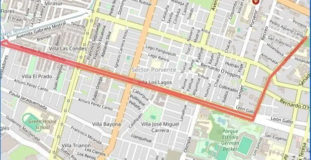 Mapa de la ruta 5K de la Farbenlauf: Hochstetter, Av. Pablo Neruda y giro en Av. Gabriela Mistral